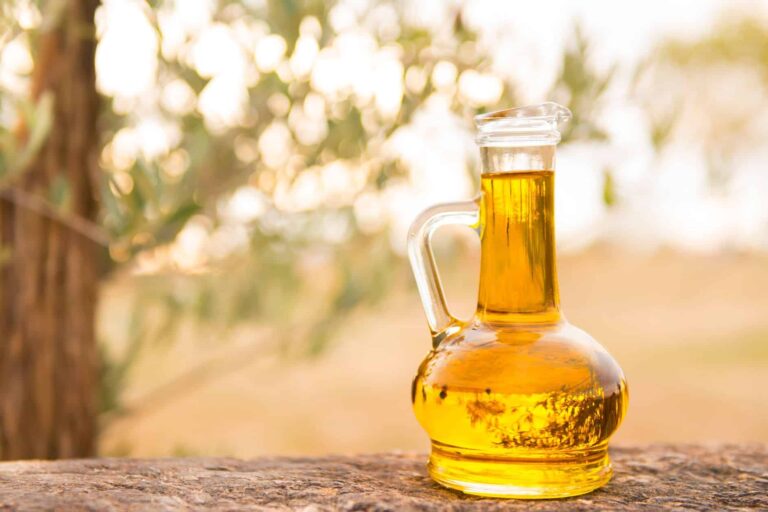 Olive oil bottle under olive tree in greece