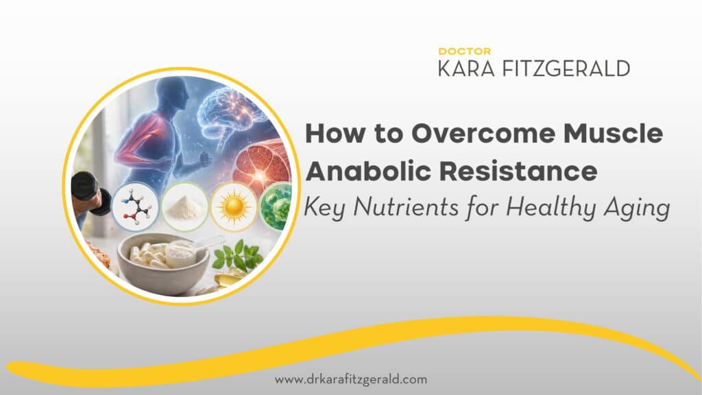 illustrated overlays of muscle fibers, a brain, and cellular structures, alongside protein-rich foods and supplements (capsules, powder, fish, chicken), representing the connection between nutrition, muscle health, and aging.
