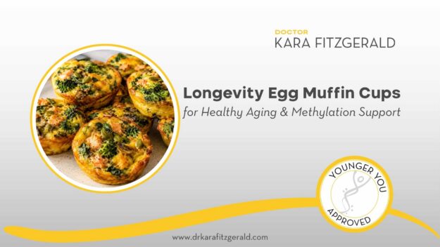 Graphic promoting “Longevity Egg Muffin Cups for Healthy Aging & Methylation Support” from Dr. Kara Fitzgerald. The image features savory egg muffin cups made with broccoli, spinach, mushrooms, salmon, and pumpkin seeds inside a circular frame on a light gray background with yellow accents and a “Younger You Approved” seal.
