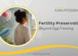 A woman looking out a sunlit window surrounded by imagery representing fertility, mitochondria, and reproductive health, illustrating a holistic approach to fertility preservation beyond egg freezing.