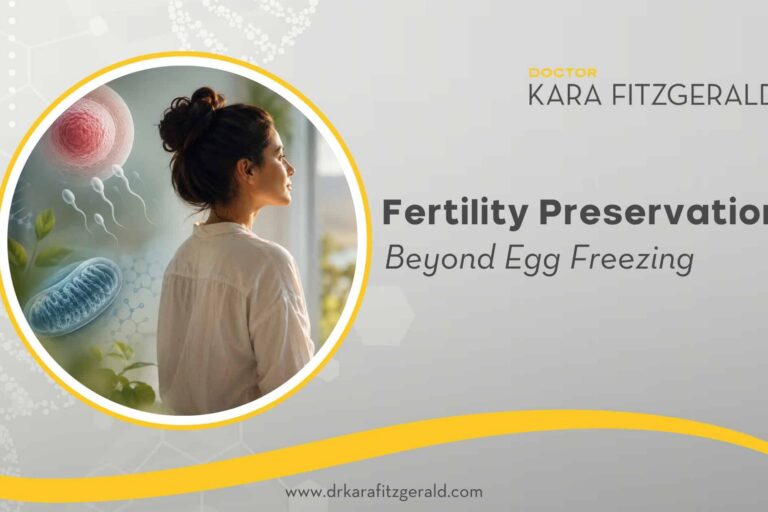 A woman looking out a sunlit window surrounded by imagery representing fertility, mitochondria, and reproductive health, illustrating a holistic approach to fertility preservation beyond egg freezing.
