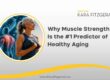 Older woman lifting a dumbbell with muscle anatomy illustration behind her, representing strength training and healthy aging.