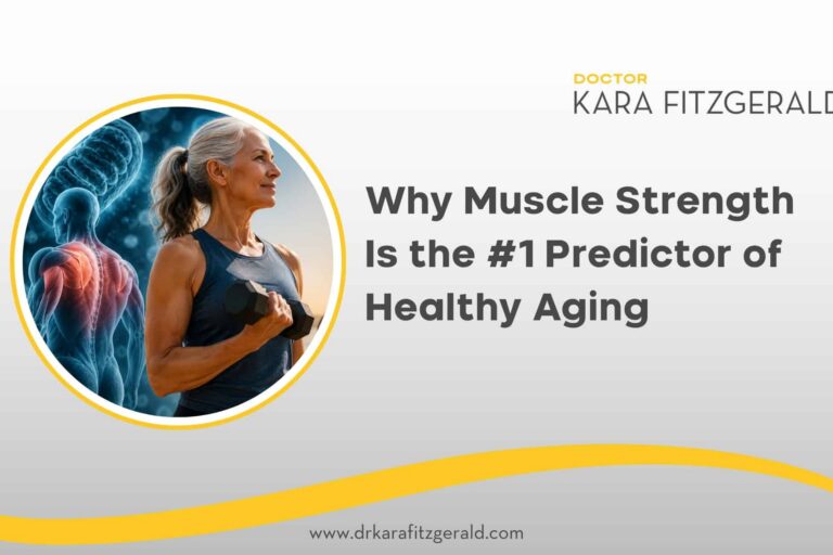 Older woman lifting a dumbbell with muscle anatomy illustration behind her, representing strength training and healthy aging.