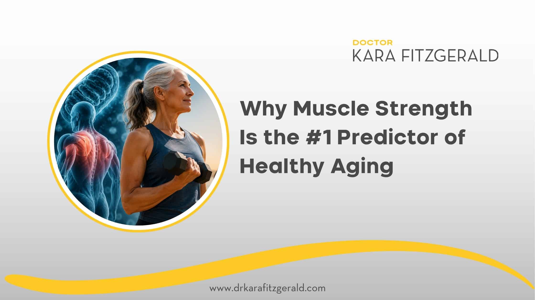 Older woman lifting a dumbbell with muscle anatomy illustration behind her, representing strength training and healthy aging.