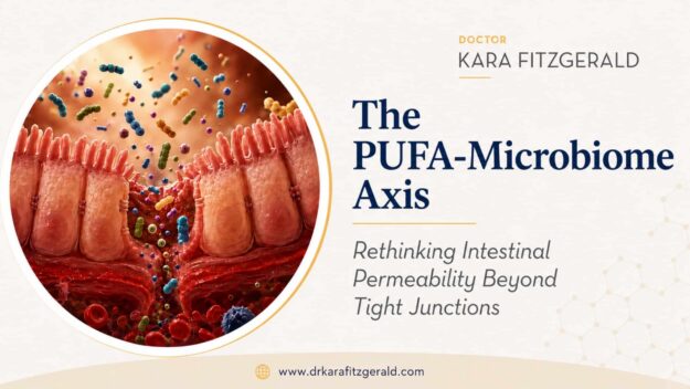 Illustration of the intestinal lining with colorful gut microbes, paired with the title “Rethinking Gut Permeability: PUFA Metabolism, the Microbiome, and Immune Activation.” Illustration of the intestinal lining with colorful gut microbes, paired with the title “Rethinking Gut Permeability: PUFA Metabolism, the Microbiome, and Immune Activation.”