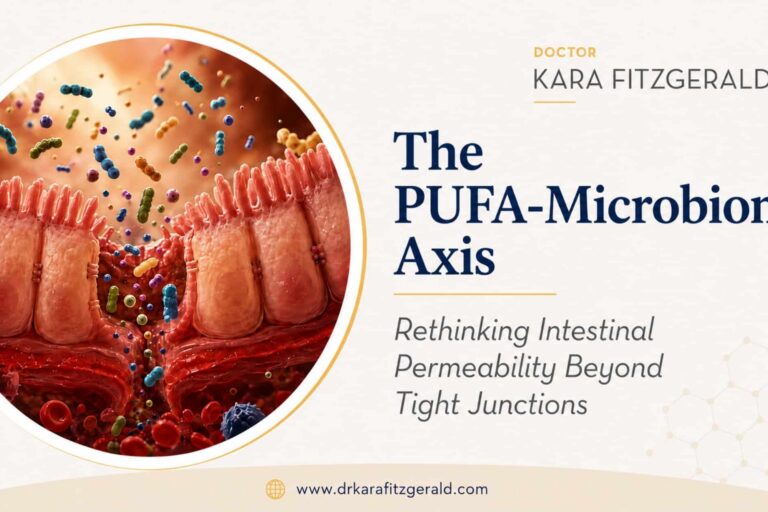 Illustration of the intestinal lining with colorful gut microbes, paired with the title “Rethinking Gut Permeability: PUFA Metabolism, the Microbiome, and Immune Activation.”
