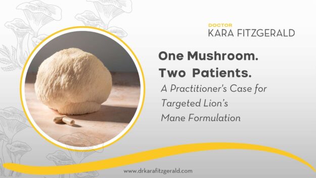 Lion’s Mane mushroom and the title “One Mushroom. Two Patients.” for a Dr. Kara Fitzgerald blog on targeted Lion’s Mane formulations. Lion’s Mane mushroom and the title “One Mushroom. Two Patients.” for a Dr. Kara Fitzgerald blog on targeted Lion’s Mane formulations.