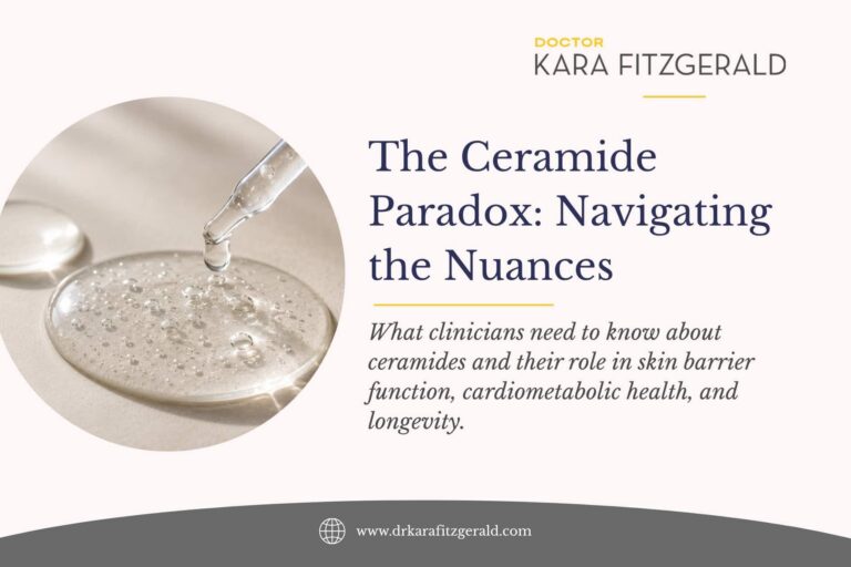 Ceramide serum with dropper beside the title “The Ceramide Paradox,” exploring ceramides in skin barrier health, metabolic dysfunction, inflammation, and aging.