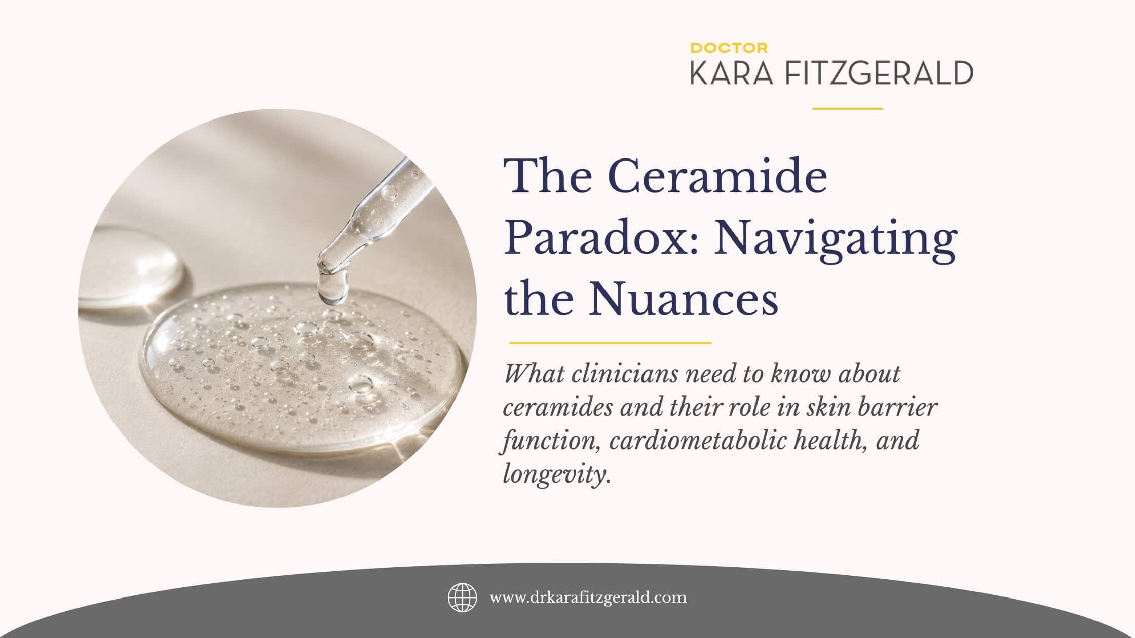 Ceramide serum with dropper beside the title “The Ceramide Paradox,” exploring ceramides in skin barrier health, metabolic dysfunction, inflammation, and aging.