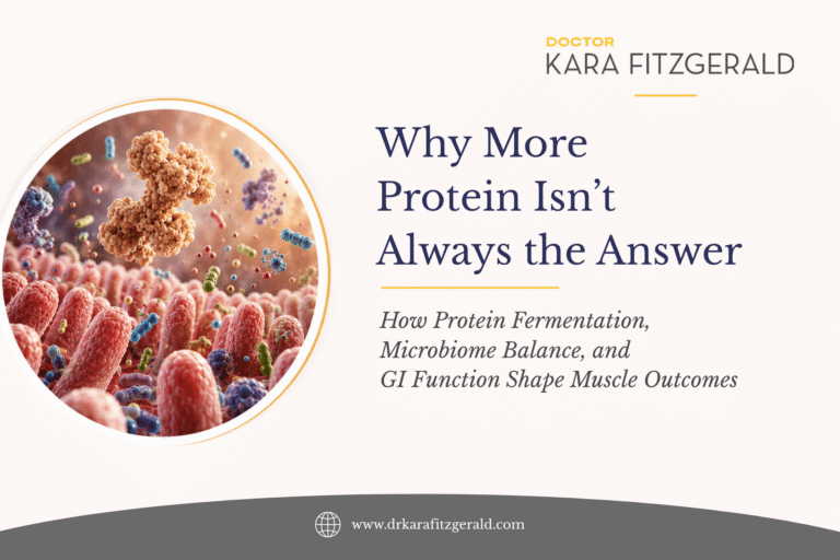 Illustration of protein and gut microbes above the intestinal lining, representing protein digestion, the microbiome, and muscle health.
