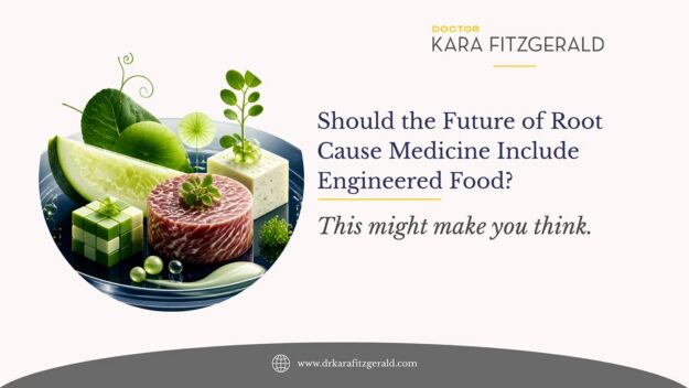 Graphic for Dr. Kara Fitzgerald’s article, “Should the Future of Root Cause Medicine Include Engineered Food?” featuring a futuristic plate of engineered foods and plants. Graphic for Dr. Kara Fitzgerald’s article, “Should the Future of Root Cause Medicine Include Engineered Food?” featuring a futuristic plate of engineered foods and plants.