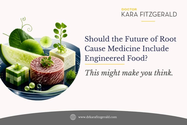 Graphic for Dr. Kara Fitzgerald’s article, “Should the Future of Root Cause Medicine Include Engineered Food?” featuring a futuristic plate of engineered foods and plants.