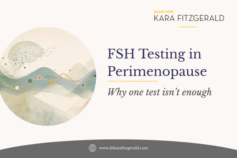 Dr. Kara Fitzgerald blog graphic titled “FSH Testing in Perimenopause: Why One Test Isn’t Enough,” with hormone trend lines and a brain illustration.