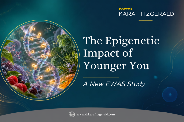 Graphic for “The Epigenetic Impact of Younger You: A New EWAS Study,” featuring a DNA helix surrounded by berries, green tea, broccoli, turmeric, and other polyphenol-rich foods.
