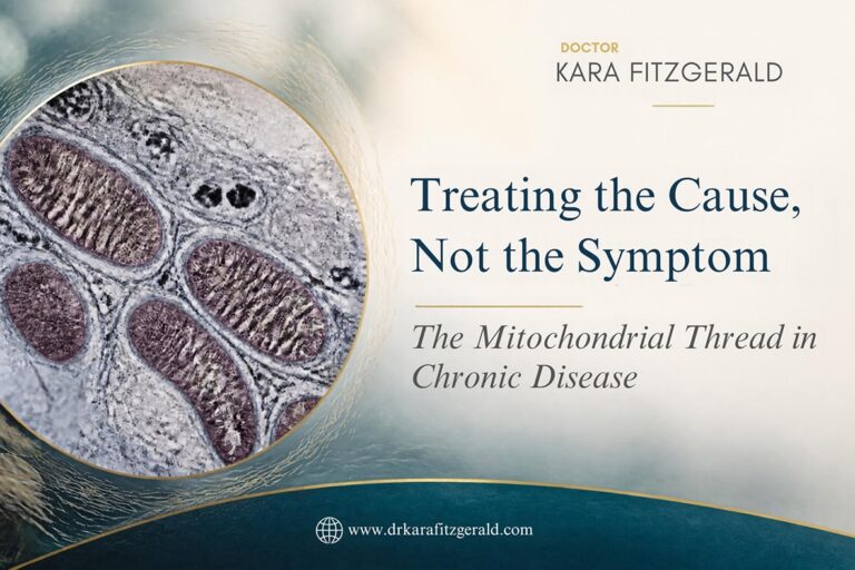 Microscopic image of mitochondria beside the title “Treating the Cause, Not the Symptom: The Mitochondrial Thread in Chronic Disease,” with Dr. Kara Fitzgerald branding.